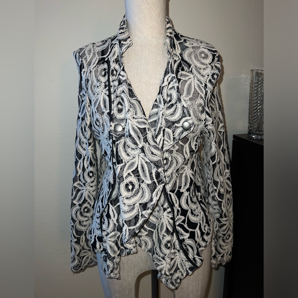 INC Lace moto jacket, Black and Ecru, size Large